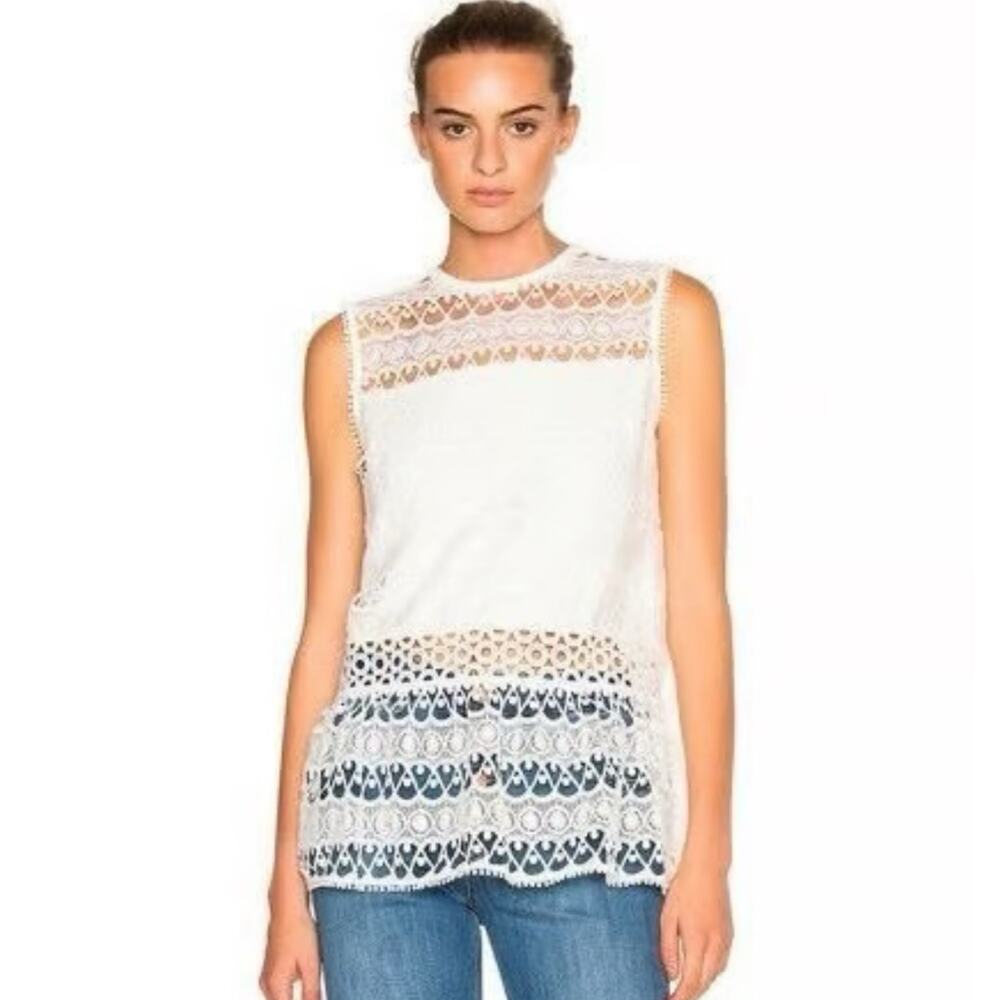 Alexis Georgette White Lace Open Tie Back Peplum Blouse L